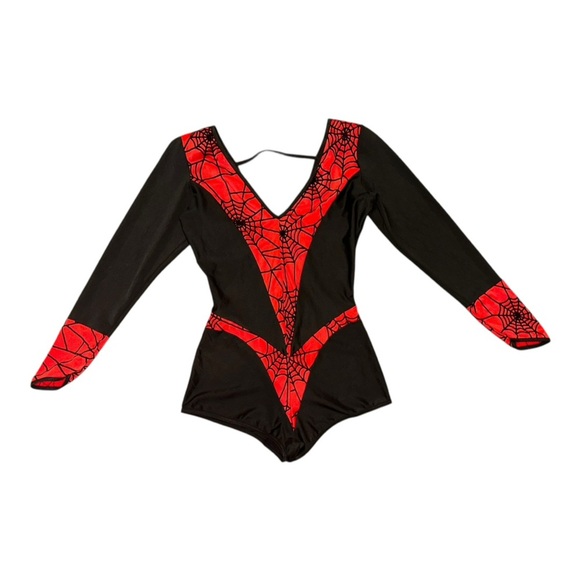 Fredrick's of Hollywood V-Neck Spiderwoman Long Sleeve Bodysuit Black/Red Medium - Picture 9 of 17